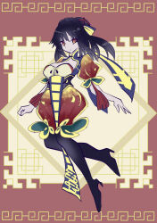 Rule 34 | 1girl, black footwear, black hair, black thighhighs, breasts, brown dust (series), brown dust 2, center opening, chinese clothes, cleavage, closed mouth, dot mouth, dress, expressionless, eyebrows hidden by hair, full body, hair between eyes, highres, juliet sleeves, large breasts, long sleeves, looking at viewer, meander, medium hair, multicolored dress, puffy sleeves, red background, red dress, red eyes, solo, standing, standing on one leg, thighhighs, tiptoes, tn scallion, turtleneck, turtleneck dress, ventana (brown dust)