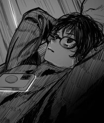 1girl absurdres arms_behind_head bags_under_eyes cellphone crying crying_with_eyes_open glasses greyscale highres jacket long_sleeves lying male_focus messy_hair monochrome on_back original phone saitama_(antitankromeo) sketch smartphone solo tears upper_body