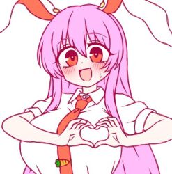 1girl :d animal_ears blush breasts carrot_pin collared_shirt commentary heart-shaped_boob_challenge ketsumaimo large_breasts long_hair looking_at_viewer lowres necktie open_mouth orange_necktie rabbit_ears rabbit_girl red_eyes reisen_udongein_inaba shirt short_sleeves simple_background smile solo touhou upper_body very_long_hair white_background white_shirt