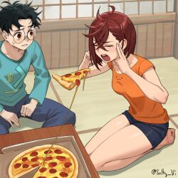 Rule 34 | 1boy, 1girl, ayase momo, bare legs, barefoot, black hair, blue pants, blue shirt, blue shorts, breasts, brown hair, closed eyes, commentary, crossed bangs, dandadan, english commentary, feet, fingers to head, floating, food, glasses, hair between eyes, highres, indoors, legs, long sleeves, man levitating pizza (meme), medium breasts, meme, open mouth, orange shirt, pants, parted lips, pepperoni, pepperoni pizza, pizza, pizza box, pizza slice, red eyes, round eyewear, seiza, shirt, short hair, short shorts, short sleeves, shorts, sitting, soles, sweatdrop, takakura ken (dandadan), tatami, teeth, telekinesis, thighs, toes, tongue, twitter username, violet sears