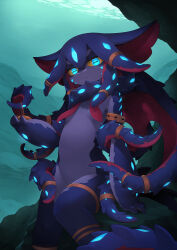1girl armlet bioluminescence blue_eyes breasts cephalopod_eyes colored_sclera colored_skin frown furry furry_female glowing glowing_eyes highres holding holding_pocket_watch jewelry kamukamu6392 monster_girl multicolored_skin original oversized_forearms oversized_limbs pocket_watch purple_skin rock sitting small_breasts solo tentacle_hair tentacle_ring thighlet two-tone_skin underwater watch yellow_sclera