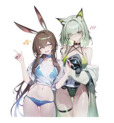 Rule 34 | 2girls, alternate costume, amiya (arknights), animal ears, arknights, bare shoulders, bikini, bikini top under shirt, bikini under clothes, blue bikini, breasts, character doll, closed eyes, collarbone, criss-cross halter, doctor (arknights), doll, green hair, green one-piece swimsuit, hair intakes, halterneck, hands up, head tilt, highleg, highleg one-piece swimsuit, highres, holding, holding doll, infection monitor (arknights), jewelry, kal&#039;tsit (arknights), long hair, looking at viewer, low ponytail, material growth, medium breasts, multiple girls, multiple rings, musical note, navel, ness (pjw0168), off shoulder, one-piece swimsuit, open mouth, oripathy lesion (arknights), ponytail, rabbit ears, rabbit girl, ring, shirt, short hair, sidelocks, simple background, skindentation, sleeves past wrists, smile, swimsuit, teeth, thigh strap, thighs, tied shirt, upper teeth only, very long hair, wet, wet clothes, wet face, wet hair, wet shirt, white background, white shirt