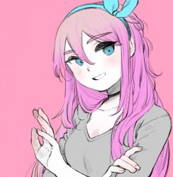 Rule 34 | 1girl, :d, aubrey (faraway) (omori), aubrey (omori), black choker, black eyeshadow, blue eyes, blue hairband, blush, bow hairband, braid, breasts, choker, cleavage, collarbone, commentary, crossed arms, double-parted bangs, english commentary, eyeshadow, fingernails, gokun, grin, hair between eyes, hairband, halftone, hand blush, hands up, highres, long hair, looking at viewer, makeup, omori, open mouth, partially colored, pink background, pink hair, plaid clothes, plaid shirt, shirt, simple background, single braid, small breasts, smile, solo, upper body