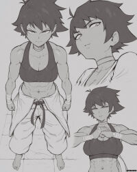 1girl absurdres barefoot breasts capcom cleavage cracking_knuckles female_focus full_body highres looking_at_viewer makoto_(street_fighter) medium_breasts monochrome muscular muscular_female navel scarf short_hair solo speedl00ver street_fighter