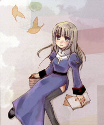 1girl bird black_thighhighs blonde_hair blue_dress book chai_tea447 closed_mouth commentary_request cross cross_necklace dress foot_out_of_frame grey_eyes grey_hair holding holding_book jewelry juliet_sleeves long_hair long_sleeves necklace priest_(ragnarok_online) puffy_sleeves ragnarok_online sitting smile solo thighhighs