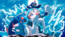Rule 34 | absurdres, beads, blue eyes, blue hair, brionne, clown nose, colored eyelashes, colored sclera, evolutionary line, fangs, full moon, gen 7 pokemon, hand on own cheek, hand on own chin, hand on own face, harlequinwaffles, head rest, highres, long hair, moon, night, night sky, nintendo, no humans, on rock, one eye closed, open mouth, pokemon, pokemon (creature), pokemon focus, popplio, primarina, seal (animal), sky, sparkle, splashing, starfish hair ornament, water