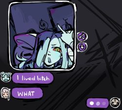 ... absurdres adam_smasher bed chat_log colored_sclera colored_skin commentary cyberpunk_(series) cyberpunk_edgerunners cyborg english_commentary english_text good_end green_eyes green_hair grey_skin hair_down hair_over_one_eye highres hospital_bed i_lived_bitch_(meme) lucy_(cyberpunk) maggoo meme middle_finger pillow rebecca_(cyberpunk) red_pupils red_sclera solo_focus spoilers text_messaging