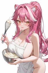 1girl :p ai-assisted animal_ear_fluff animal_ears apron blush bowl breasts cat_ears cat_tail cleavage cream_on_breasts foame hair_intakes high_ponytail highres holding holding_bowl holding_whisk hololive hololive_english large_breasts long_hair multicolored_hair naked_apron pink_hair ponytail raora_panthera revision simple_background solo streaked_hair tail tongue tongue_out very_long_hair virtual_youtuber whisk white_background yellow_eyes