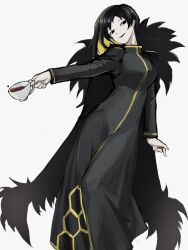 1girl binah_(project_moon) black_coat black_dress black_eyes black_hair blonde_hair breasts coat colored_inner_hair cup dress full_body fur-trimmed_coat fur_trim hexagon_print highres holding holding_cup library_of_ruina lobotomy_corporation long_hair long_sleeves looking_at_viewer mole mole_under_eye multicolored_hair o1010_moon project_moon simple_background smile solo standing white_background