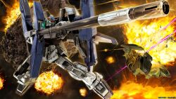 absurdres aeug aiming asteroid battle beam_cannon copyright_logo damaged debris energy_beam explosion glowing glowing_eyes green_eyes gundam gundam_battle_operation_2 gundam_mk_ii highres hizack machinery mecha mecha_focus mobile_suit no_humans official_art painting_(medium) realistic robot scan science_fiction shield shoulder_spikes space spikes sunrise_(company) super_gundam tenjin_hidetaka titans_(gundam) traditional_media v-fin zeta_gundam