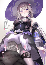 Rule 34 | 1boy, 1girl, absurdres, anger vein, black dress, black horns, black pantyhose, blush, breasts, brown hair, caelus (honkai: star rail), commentary request, detached sleeves, dress, grey hair, hat, head under another&#039;s clothes, herta (honkai: star rail), highres, honkai: star rail, honkai (series), horns, long hair, medium breasts, pantyhose, parted lips, purple eyes, short hair, simple background, speech bubble, the herta (honkai: star rail), tonomiya68, trailblazer (honkai: star rail), translation request, under another&#039;s clothes, very long hair, white background, witch hat