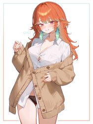 1girl artist_name black_panties breasts brown_jacket button_gap chui_art collared_shirt cowboy_shot earrings feather_earrings feathers grin hand_up highres hololive hololive_english jacket jewelry large_breasts long_hair multicolored_hair orange_hair panties parted_lips purple_eyes shirt smile solo streaked_hair takanashi_kiara underwear virtual_youtuber white_background white_shirt