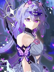 1girl black_tiara breasts bug butterfly butterfly_ornament castorice_(honkai:_star_rail) dress flower flower_ornament from_side hair_flower hair_ornament highres honkai:_star_rail honkai_(series) insect long_hair looking_at_viewer missing_commentary purple_eyes purple_hair solo tiara upper_body white_dress x431788
