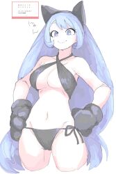 1girl absurdly_long_hair absurdres animal_ears animal_hands bare_shoulders bikini black_bikini blue_eyes blue_hair boku_no_hero_academia breasts cat_ears cowboy_shot gloves hado_nejire highres large_breasts long_hair mocamocaink paw_gloves request_inset side-tie_bikini_bottom solo swimsuit very_long_hair