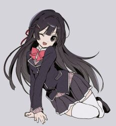 1girl :d black_eyes black_hair black_jacket black_skirt blazer bow bowtie braid collared_shirt deezydays grey_background hair_ornament hair_ribbon hairclip half_up_braid highres jacket lapels long_hair looking_at_viewer miniskirt nijisanji one_eye_closed open_mouth parallel_hairclips pleated_skirt red_bow red_bowtie ribbon shirt simple_background sitting sitting_sideways skirt smile solo thighhighs tsukino_mito tsukino_mito_(1st_costume) virtual_youtuber white_thighhighs