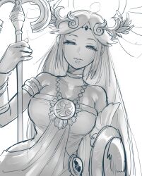 1girl arm_shield breasts chain circlet collarbone dancho_no_mori dutch_angle greyscale half-closed_eyes highres holding holding_staff jewelry kid_icarus kid_icarus_uprising large_breasts looking_at_viewer monochrome nintendo palutena parted_lips pendant solo staff