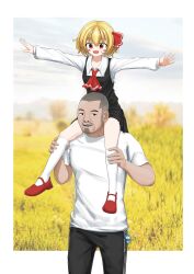 1boy 1girl absurdres black_pants black_skirt black_vest blonde_hair blush breasts buzz_cut carrying charm_(object) collared_shirt commentary_request cookie_(touhou) feet_out_of_frame full_body gen_4_pokemon hair_between_eyes hair_ribbon highres long_sleeves looking_at_viewer manatsu_no_yo_no_inmu mary_janes miura_daisenpai mole mole_under_mouth nadeko_(cookie) nintendo open_mouth outstretched_arms pants photo_background piggyback piplup pokemon red_eyes red_footwear red_ribbon ribbon rumia shirt shoes short_hair skirt skirt_set small_breasts smile socks spread_arms t-shirt touhou traveler_hxy very_short_hair vest white_shirt white_socks