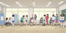 1boy 6+girls blue_shorts classroom curtains doctor gym_uniform highres indoors kiyo_(kyokyo1220) medical_examination multiple_girls no_shoes original shorts socks stadiometer standing stethoscope tape_measure teacher weighing_scale white_shorts white_socks