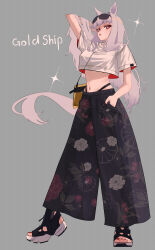1girl absurdres alternate_costume animal_ears character_name cropped_shirt floral_print floral_print_pants full_body gold_ship_(umamusume) highres horse_ears horse_girl horse_tail medaka_(user_ucft3727) navel pants print_pants shirt solo tail umamusume