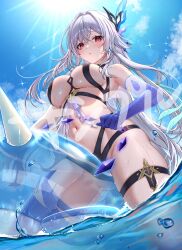 Rule 34 | 1girl, absurdres, adapted costume, armpits, bikini, black bikini, blue sky, blush, breasts, chest harness, chumugi, closed mouth, commentary request, day, from below, genshin impact, grey hair, hair ornament, harness, highres, inflatable toy, inflatable whale, long hair, medium breasts, navel, partially underwater shot, purple hands, purple thighhighs, red eyes, skirk (genshin impact), sky, solo, stomach, swimsuit, thigh strap, thighhighs, water