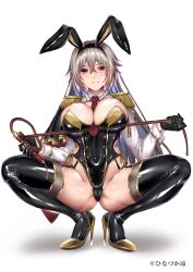 1girl animal_ears between_breasts black_gloves blush breasts cameltoe cleavage closed_mouth covered_navel epaulettes eyebrows_hidden_by_hair fake_animal_ears full_body gloves grey_hair groin hair_between_eyes high_heels highres hinazuka_ryou holding holding_whip large_breasts latex latex_leotard latex_thighhighs leotard long_hair looking_at_viewer necktie necktie_between_breasts original playboy_bunny rabbit_ears red_eyes red_necktie shadow shoes shrug_(clothing) simple_background smile solo spread_legs squatting stiletto_heels thighhighs very_long_hair white_background yellow_shoes