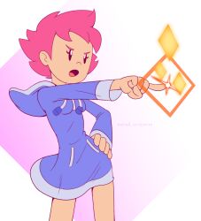 1girl dress hood hooded_dress hoodie kumatora magic mother_(series) mother_3 nintendo open_mouth pink_hair pocket pointing short_hair simple_background solo stradivarius_orchestra