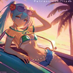 Rule 34 | 1girl, adjusting eyewear, aqua eyes, aqua hair, artist name, bare shoulders, bikini, bikini under clothes, bikini under shorts, blue shorts, brazilian flag, brazilian flag print, brazilian miku, breasts, car, collarbone, commentary, cropped shirt, denim, denim shorts, english commentary, eyewear on head, flag print, front-tie top, green bikini, hatsune miku, itzah, long hair, medium breasts, motor vehicle, navel, pixel art, print shirt, shirt, short shorts, shorts, solo, steering wheel, striped bikini, striped clothes, sunglasses, sunset, swimsuit, twintails, very long hair, vocaloid, yellow shirt