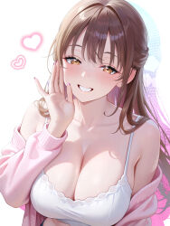 Rule 34 | 1girl, absurdres, blush, breasts, brown eyes, brown hair, cleavage, collarbone, commentary request, hand up, heart, highres, indie virtual youtuber, large breasts, long hair, long sleeves, looking at viewer, off shoulder, sakurane non, simple background, studiopokotan, upper body, white background