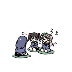 3girls black_hair black_socks blazer blue_hair blue_jacket bow chibi chibi_only commentary_request green_bow grey_hair hair_bow hair_rings jacket long_hair love_live! love_live!_school_idol_project minami_kotori miniskirt multiple_girls on_cushion one_side_up open_mouth otonokizaka_school_uniform pleated_skirt red_bow school_uniform shinanoya_(satanicad) short_hair simple_background single_hair_ring sitting skirt socks sonoda_umi sweatdrop wariza white_background yazawa_nico
