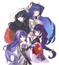 Rule 34 | 4girls, acheron (honkai: star rail), arm over head, benghuai xueyuan, black serafuku, blue eyes, blunt bangs, bow, braid, commentary, commentary request, company connection, detached sleeves, done (qz1c ), genshin impact, hair bow, hair intakes, hair ornament, high ponytail, highres, holding, holding petal, holding umbrella, honkai: star rail, honkai (series), honkai impact 3rd, japanese clothes, k2 (kazu1030), kimono, looking at viewer, looking back, mihoyo, multicolored eyes, multiple girls, obi, petals, ponytail, purple bow, purple eyes, purple hair, purple kimono, raiden mei, raiden mei (herrscher of origin), raiden shogun, sash, sawashiro miyuki, school uniform, serafuku, shirataki0, sidelocks, simple background, single braid, tsuyoshi (tuyoshi1128), two-tone eyes, umbrella, voice actor connection, white background