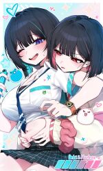 2girls absurdres black_choker black_hair black_survival blue_eyes blue_necktie breast_pocket breasts choker cleavage collared_shirt crop_top debi_(after_school)_(black_survival) debi_(black_survival) eternal_return:_black_survival hahyaha hands_on_another&#039;s_stomach highres hug hug_from_behind large_breasts looking_at_viewer marlene_(after_school)_(black_survival) marlene_(black_survival) mask mask_pull midriff mouth_mask multicolored_hair multiple_girls navel necktie official_alternate_costume one_eye_closed open_mouth pocket red_eyes school_uniform scrunchie shirt short_hair short_sleeves smile stomach streaked_hair white_shirt wrist_scrunchie