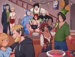 absurdres bags_under_eyes bare_shoulders blonde_hair breasts cleavage cosplay dark-skinned_female dark_skin diforland expressionless facial_hair gene_(diforland) hair_between_eyes halloween halloween_costume highres indoors large_breasts lingerie long_hair markiplier mature_female mega_man_(character) mega_man_(character)_(cosplay) messy_hair mole mole_on_breast multiple_boys multiple_girls mustache open_mouth original short_hair underwear very_dark_skin vivien_(diforland)