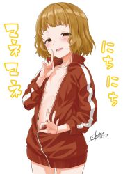 Rule 34 | 1girl, blush, brown eyes, brown hair, cowboy shot, dated, finger to mouth, flat chest, half-closed eyes, highres, himemiya yuki, jacket, looking at viewer, manemane nichinichi, naked jacket, okara, open mouth, plunging neckline, red jacket, shirt, shushing, signature, simple background, smile, solo, standing, track jacket, unzipping, white background, zipper