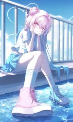 1girl absurdres asymmetrical_footwear asymmetrical_hair blue_hair blue_sailor_collar blue_skirt blue_sky blush boots closed_mouth cloud confession contrail fence foreshortening full_body hair_bun hands_on_own_cheeks hands_on_own_face hands_up head_tilt heart heart_in_eye high_tops highres hoyo_illust iron_fence knees_together_feet_apart knees_up legs letter light_blush long_hair looking_at_viewer love_letter midriff_peek mismatched_footwear multicolored_hair on_rooftop original pink_boots pink_eyes pink_hair pleated_skirt rooftop sailor_collar school_uniform serafuku shadow shirt shoe_soles shoes short_sleeves sitting skirt sky sneakers socks solo star_(sky) symbol_in_eye thighhighs very_long_hair water white_shirt white_socks