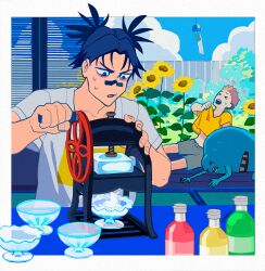 &gt;_&lt; 2boys blue_eyes blue_sky bottle bowl character_request choso_(jujutsu_kaisen) cloud collarbone flower food horocca hot ice ice_shaver itadori_yuuji jujutsu_kaisen male_focus multiple_boys open_mouth outdoors shaved_ice short_hair sky summer sunflower sweatdrop tatami wind_chime