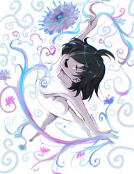 1girl ass black_hair breasts closed_eyes covered_erect_nipples hair_over_one_eye happy highres kuronami616 mole mole_on_breast mole_under_eye mole_under_mouth nude open_mouth original simple_background solo tears