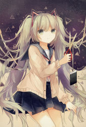 1girl absurdres artist_name blouse collared_shirt cutting_hair female_focus green_eyes green_hair hatsune_miku highres long_hair matching_hair/eyes mechari school_uniform scissors serafuku shirt skirt sky solo star_(sky) starry_sky twintails very_long_hair vocaloid white_shirt yamaha