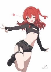 Rule 34 | 1girl, absurdres, black gloves, black shorts, bocchi the rock!, breasts, commentary, dated commentary, fingerless gloves, gloves, green eyes, highres, kita ikuyo, long hair, medium breasts, minusk9, navel, one eye closed, one side up, open mouth, red hair, shorts, simple background, solo, standing, standing on one leg, stomach, teeth, thigh strap, upper teeth only, v, white background