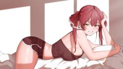 1girl black_shorts breasts commentary_request crop_top from_side gym_shorts hazeillusts heterochromia highres hololive houshou_marine large_breasts looking_at_viewer lying on_bed on_stomach red_hair shorts sideboob solo teeth virtual_youtuber