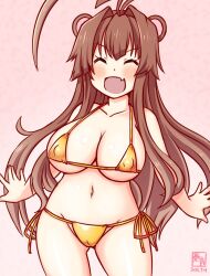Rule 34 | 1girl, ahoge, alternate costume, animal ears, artist logo, bear ears, bikini, brown hair, closed eyes, covered erect nipples, dated, fang, gold bikini, gradient background, huge ahoge, kanon (kurogane knights), kantai collection, kuma (kancolle), logo, long hair, one-hour drawing challenge, open mouth, pink background, smile, solo, swimsuit