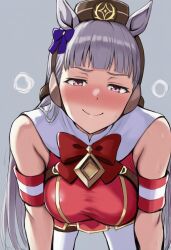 1girl animal_ears blush breasts gold_ship_(umamusume) grey_hair horse_ears horse_girl jei_games large_breasts leaning_forward looking_at_viewer pink_eyes smile umamusume