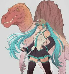 Rule 34 | 1girl, aqua eyes, aqua hair, aqua necktie, baseball cap, black gloves, black skirt, black thighhighs, blue eyes, breasts, chain, chain leash, collared shirt, detached sleeves, dinosaur, fingerless gloves, gloves, green hat, grey background, hair between eyes, hand on own hip, hat, hatsune miku, holding, holding chain, holding leash, leash, lips, long hair, medium breasts, necktie, pleated skirt, shirt, skirt, sleeveless, sleeveless shirt, thighhighs, twintails, very long hair, vocaloid, white shirt, yoracrab, zettai ryouiki