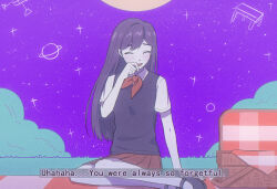 1girl :d ^_^ arm_support black_shoes black_sweater_vest blush brown_skirt bskrf_vc bush closed_eyes collared_shirt commentary_request double-parted_bangs english_text eyebrows_hidden_by_hair facing_away foot_out_of_frame grass hair_between_eyes hand_on_own_chin long_hair mari_(headspace)_(omori) mari_(omori) mary_janes miniskirt neckerchief omori open_mouth picnic_basket picnic_blanket pleated_skirt purple_hair purple_sky raised_inner_eyebrows red_neckerchief shirt shoes short_sleeves sitting skirt sky smile solo sparkle straight_hair subtitled sun sweater_vest white_shirt yokozuwari