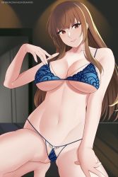 1girl aslindsamure barefoot bikini breasts brown_hair cleavage dead_or_alive feet female_focus g-string hand_on_thigh highres kasumi_(doa) ninja large_breasts lingerie long_hair looking_at_viewer micro_bikini red_eyes smile solo squatting swimsuit tecmo thong under_boob underwear