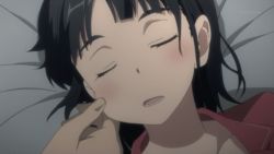 10s animated animated_gif anime_screenshot bed black_hair cheek_pinching kirigaya_suguha lowres pinching short_hair sleeping sword_art_online thick_eyebrows waking_up