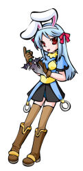1girl animal_ears archer_(ragnarok_online) armored_skirt blue_hair blue_shirt boots bow brown_boots brown_gloves brown_thighhighs commentary_request dagger fake_animal_ears full_body gloves hair_bow holding holding_dagger holding_knife holding_weapon knife long_hair looking_at_viewer muneate open_mouth rabbit_ears ragnarok_online red_bow red_eyes shirt short_sleeves simple_background solo thighhighs tongue tongue_out weapon white_background yazawa_kazuki