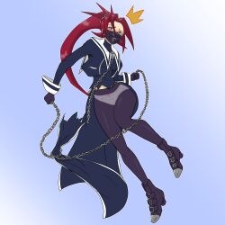 Rule 34 | 1girl, adapted costume, artist request, blush, bodysuit, boots, bow, bow panties, breasts, capcom, chain, clenched hands, delinquent, embarrassed, female focus, full body, gloves, gradient background, hair ornament, highres, himezaki aoi, holding, holding chain, humiliation, justice gakuen, leather, long hair, looking down, mask, medium breasts, midriff peek, moero! justice gakuen, mouth mask, panties, pantyhose, parted bangs, pink panties, polka dot, polka dot panties, ponytail, purple eyes, red hair, sailor collar, see-through clothes, sidelocks, simple background, skirt, spiked hair, torn clothes, torn skirt, tsundere, underwear, very long hair, wardrobe malfunction