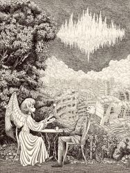 1girl absurdres angel angel_wings building chair city crosshatching dress feathered_wings food fork greyscale hatching_(texture) highres holding holding_fork monochrome nature nigirizusi1 original overgrown pointy_ears post-apocalypse profile scenery shoes skeleton skull table traditional_media wings