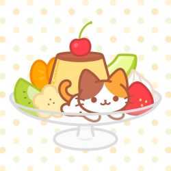 :3 animal animal_focus banana banana_slice calico_(pattern) cat cherry commentary cup cyberneko food fruit in_container in_cup kiwi_(fruit) kiwi_slice no_humans orange_(fruit) orange_slice original patterned_background polka_dot polka_dot_background pudding pudding_a_la_mode solid_circle_eyes solo star_(symbol) strawberry symbol-only_commentary tail undersized_animal whiskers