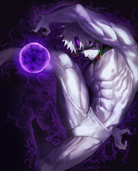 abs alternate_form colored_skin dandadan earrings enjoji_jin evil_eye_(dandadan) exposed_muscle highres jewelry male_focus male_underwear muscular muscular_male pectorals possessed purple_eyes third_eye topless_male transformation underwear white_hair white_male_underwear white_skin zonotaida